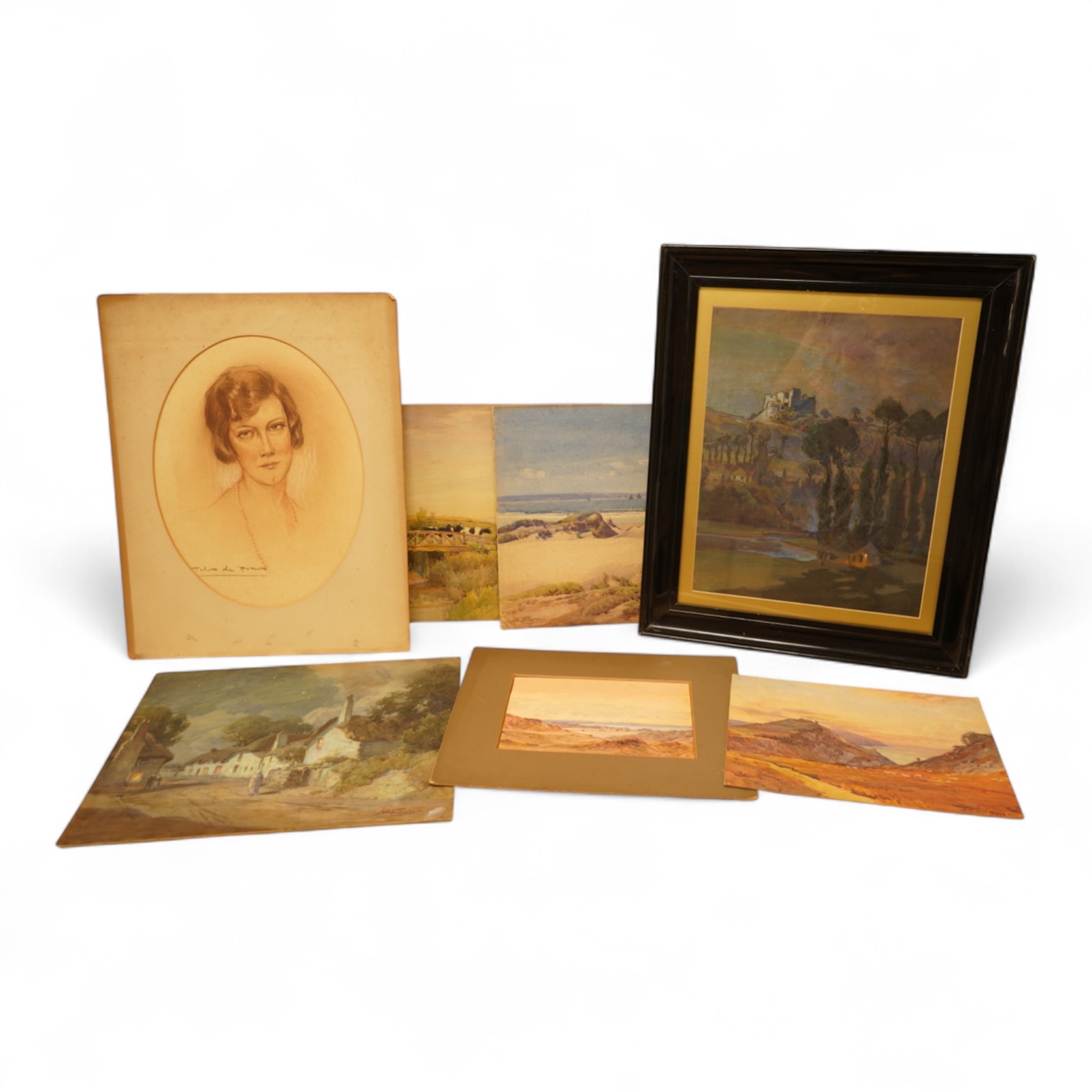John William Schofield (1865-1944), a collection of six watercolours and pastels to include landscape with castle beyond, coastal views and street scene with cottages, most signed, together with an oval pastel portrait o